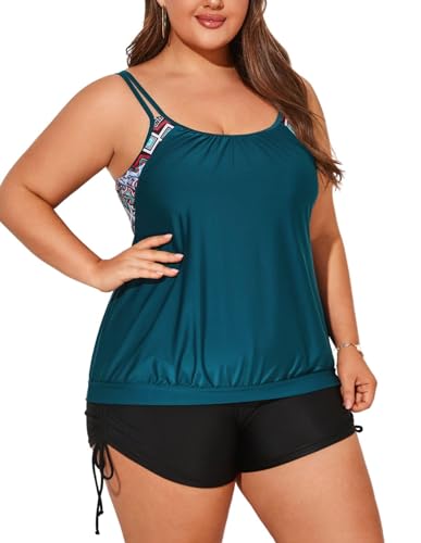 Hanna Nikole Tankini Tops for Women UK Oversized Padded Support with Bathing Shorts Sexy Tankini Set Blue Green Geometric Pattern 20 (Lable:16W)
