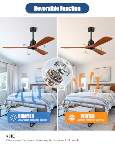 Image of Ceiling Fans With Remote Control, Outdoor Ceiling Fan for Patios Indoor, 3 Downrods, 3 Blades, Timer, 6 Speed Reversible Quiet DC Motor Modern Fan Solid Wood Fan, 52in, Brown