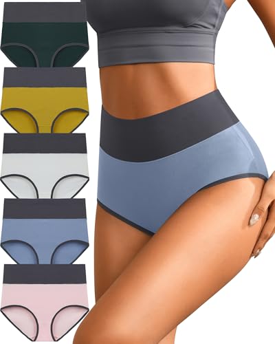 K-CHEONY Womens Underwear High Waisted Cotton Panties Full Coverage Soft Stretch Breathable Ladies Briefs 5 Pack