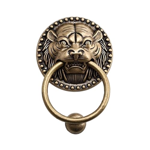 Fenteer Animal Head Door Knocker Vintage Design for Front Door Easy Install Decorative, Sturdy Structure Brass Door Ring Pull Handle, Tiger Head, 10cm Base 8.5cm Ring
