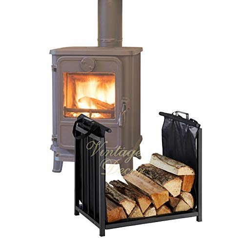 Vintage Decor by DWD ® 2 Tier Black Metal Outdoor Indoor Log Rack with Fireplace Accessories (4 Tools) I Log Holder with Canvas Carrier Bag (Log Holder with Canvas Bag)