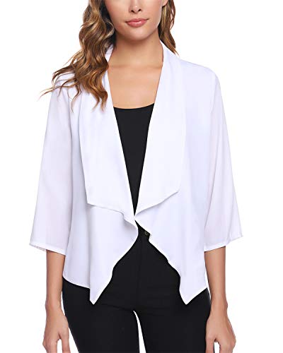 Hawiton Women's White Bolero Jacket Casual Chiffon Blazer Open Front Shrug Cardigan for Dress L