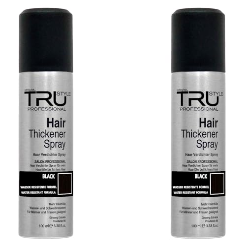 Tru Haarverdichter Spray Schwarz - 2x 100ml Haarauffüller für Männer und Frauen, Sofort-Effekt Haarverdichtung, Kaschiert Haarausfall und lichtes Haar