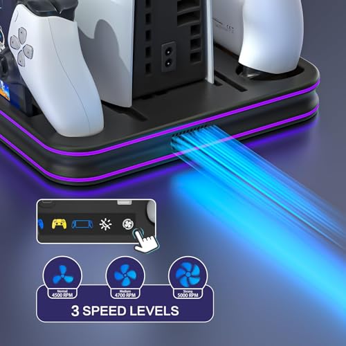 Cooling Station & RGB LED Stand for PS5/PS5 Slim - Dual Controller Charging Dock with Magnetic Charger for PlayStation 5 and PS Portal Remote – All-in-One Gaming Accessories for PS5 Slim Console by HEATFUN - Image 3