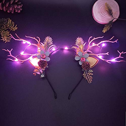 Light Up Christmas Deer Antlers Headband Flower Crown Reindeer LED Lights for Women Floral Hair Hoop Headpiece Antlers Hair Accessories Forest Fairy.