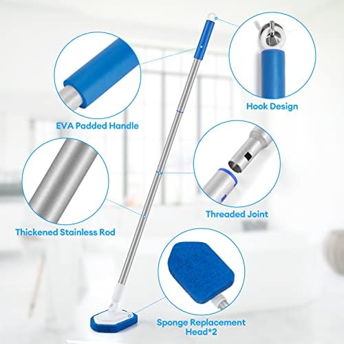 Shower Cleaning Brush Detachable Tub and Tile Scrubber Brush Sponge Cleaner Scrub Brush with Extendable Long Handle Bathtub Wall Scrubber Cleaning Brush for Cleaning Shower Bathroom Toilet