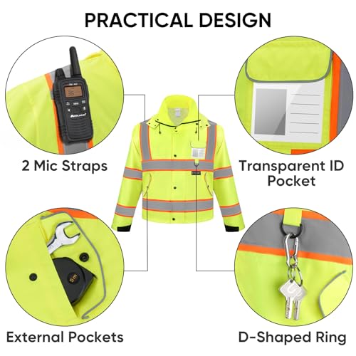 Image of TICONN Reflective Rain Jacket, Waterproof ANSI Class 3 Hi Vis Safety Coat | PU Coating Rain Coat, 360 Reflective Strips, Adjustable Cuffs, Large Utility Pockets, Fits Men and Women