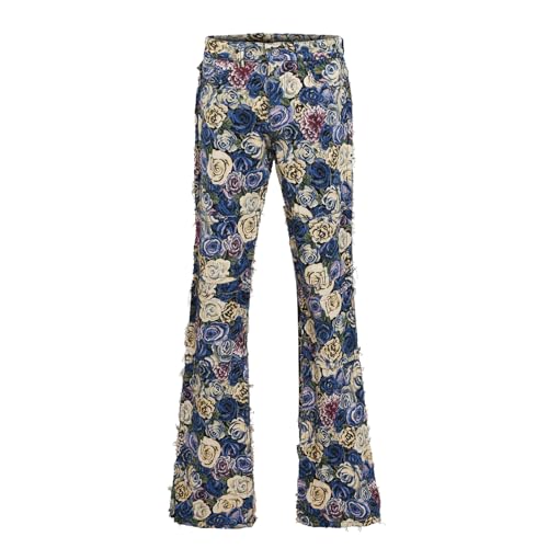 Men’s Floral Tapestry Pants Streetwear Thick Jacquard Pants Stacked Jeans