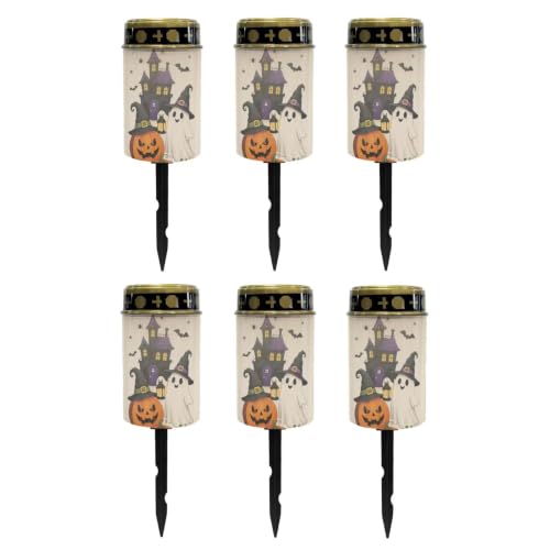 Image of Poceacles Solar Lights Outdoor Solar Powered Outdoor Cemetery Stake Candle Grave Lamp Landscape Lighting Halloween Grave Flameless Candle, Pumpkin Ghost Print Beige, Pack of 6