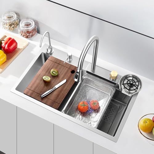 Image of LUXART Waterfall Anti-Scratch Silver Multifunctional Kitchen Sink - 30x18x9 Inch Honeycomb Design Multifunction Sink With Pull Down Faucet, Cup washer & Drain Baskets | Stainless Steel Kitchen Sink