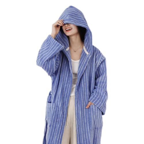 Coastal Striped Hooded BathRobe, Women Aesthetic 100% Cotton Robe, Unisex Luxury Soft Ultra Absorbent Spa Bath Robe