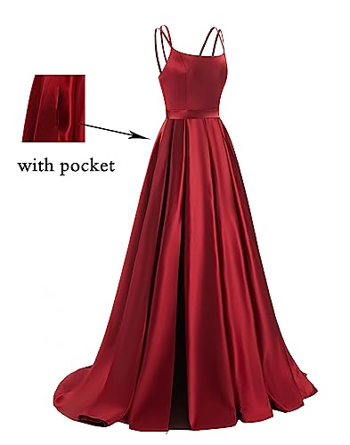 HSFIYAKJ Satin Prom Dresses Long Ball Gown A Line Spaghetti Straps Pleated Formal Evening Dress for Women with Pockets2