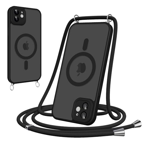 Pnakqil Funda Magnética con Cuerda para iPhone 12, Carcasa Antigolpes Case Translúcida Mate Anti-Arañazos, Cover con Correa Colgante Ajustable Collar Colgar de Cuello Cadena Cordón, Negro