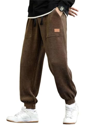 Mens Corduroy Joggers Pants, Drawstring Elastic Waist Baggy Tapered Casual Sweatpants