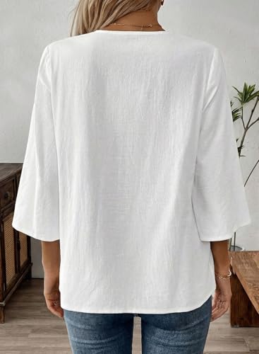 EVALESS Boho Tops for Women Blouses Dressy Casual Embroidered Lace V Neck 3/4 Sleeve Shirts Spring Outfits Trendy Vacation Clothes White M