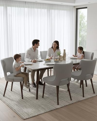 Image of Wooden Dining Chairs Set of 4, Farmhouse Dining Room Chairs with Solid Wood Legs, Mid Century Fabric Kitchen Chairs, Upholstered Chair for Restaurant & Cafe- Light Gray