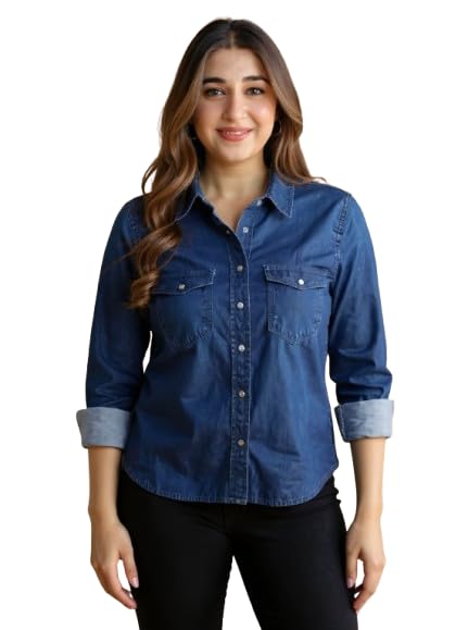 Ladies Denim Shirt Regular Fit Solid Blue Collared Neck Long Sleeve Button Down Casual Wear Fashionable Girls Denim Shirt-image-41