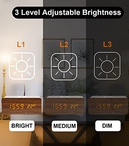 Togous Wooden Digital Alarm Clock With Wireless Charging, 3 Alarms Settings, Weekday/Weekend Mode, Sound Control, Led Wood Clock For Bedroom, Living Room, Desk, Bedside, Office (Brown) #TOP3