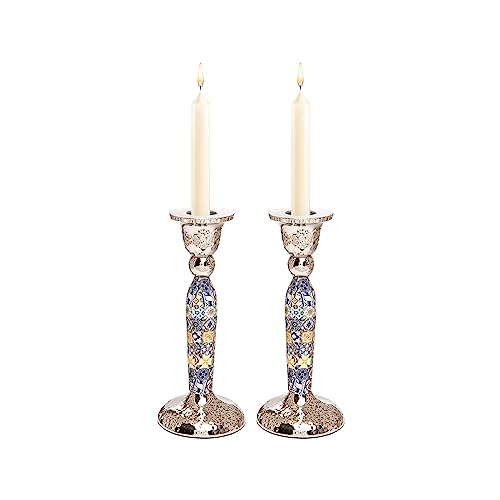 Yair Emanuel Modern Pillar Candle Holders 6.5 Inch | Shabbat Candlestick Holders | Colorful and Intricate Design Set of Two Judcaia Gift (Multicolor Geometric CSV-3) by EMANUEL - Used condition - US$41.94
