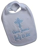 Christening Bib for Baby Boys Personalized with Baptism Date and Name in LIGHT BLUE THREAD