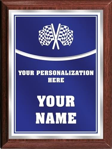 Crown Awards Racing Personalized Plaque Award, 6x8 Color Printed Metal Plate with Custom Engraving, Royal Blue with White Plaque On Wood Finish