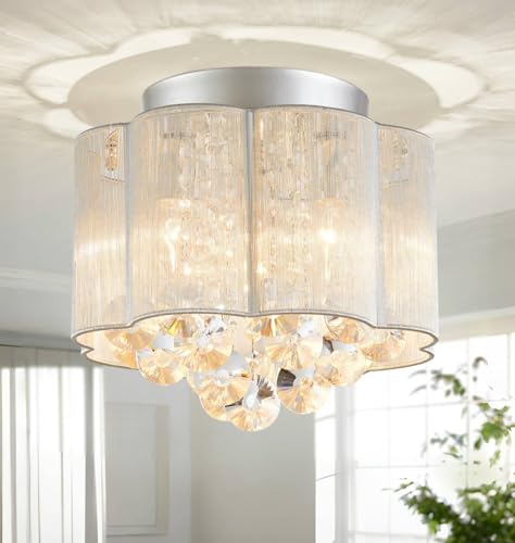 Lustre en cristal avec abat-jour blanc et plafonnier argenté 3 ampoules E14