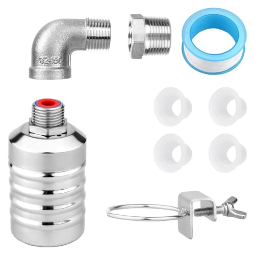 Float Valve, Stainless Steel NPT Thread Leak-Proof Automatic Water Level Control Float Shut Off Valve with 1/2 to 3/4 Adapter 1/2 Elbow for Water Tank Pool Livestock Trough