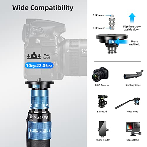 Sirui P-325Fs Monopod With Feet, 55" Carbon Fiber Monopod For Cameras, Professional Lightweight Travel Monopod, Max Load 22Lbs, 360° Panorama, 5-Section, Quick Release Plate #TOP5