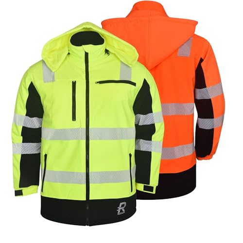 RODOPI Softshell Warnschutzjacke Canada - Wasserdicht & Atmungsaktiv - Für Herren & Damen, Gr. S-XXXL - EN ISO 20471:2013, Reflektierende 3M Scotchlite Streifen - Arbeitsjacke in Neon Gelb & Orange