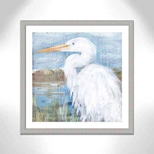 Casa Fine Arts White Heron Coastal Wildlife Bird Wall Art Archival Print, 31" X 31", Brushed Silver Frame #TOP2