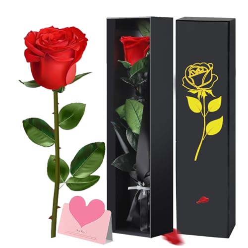 Ranedo Preserved Red Rose in Gift Box, Valentine’s Day Eternal Real Rose with Elegant Black & Gold Box, Ribbon & Card Romantic Rose Gift for Her, Gifts for women for Valentine, Birthday, Mother’s Day