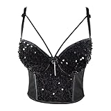 VEENDEO Women's Cross Cut Sequin Bustier Crop Top Bra Vest Caged Cropped Top Detachable Straps
