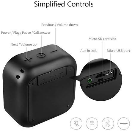 Diagram showing the simplified controls and ports of the MIFA A1 Bluetooth speaker, including power, volume, Micro-SD card slot, Aux-in jack, and Micro-USB port.