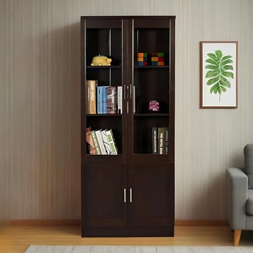 Image of CASPIAN Multipurpose Wooden Cabinet (Coffee Brown) | Glass Door Showcase | Engineered Wood | Use as Bookshelf & Kitchen Crockery Unit | for Bedroom, Living & Study Room, Home & Office