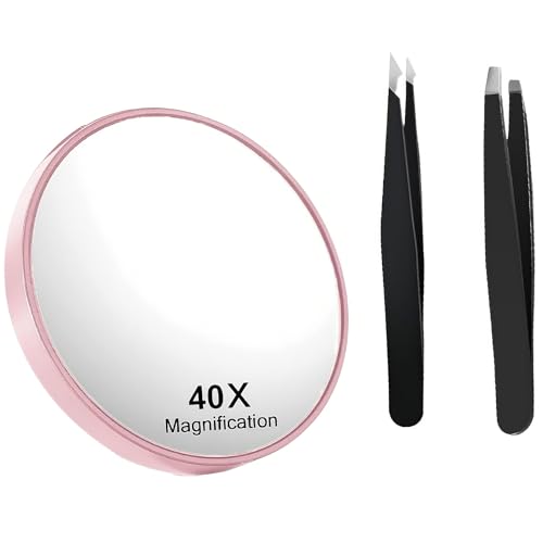 louuuou Magnifying Mirror 40x, with Suction Cups Small Magnifying Mirror, with 2 Tweezers for Facial Hair Women, Suitable for use at Home Work and While Traveling