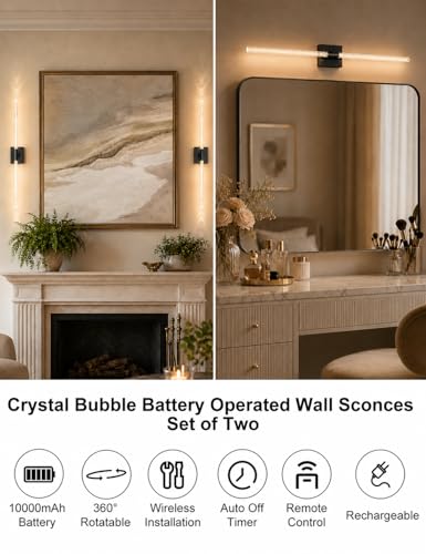 Image of Crystal Bubble Battery Operated Wall Sconces Set of 2: 10000mAh Rechargeable Wall Lights with Remote, 360 Rotate 4CCT Modern Wireless Wall Lighting for Hallway Bathroom Bedroom Living Room Mirror
