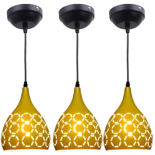 Image of GreyWings Yellow Aluminium Hanging Pendant Light for Ceiling Decorative Hanging Light,(Bulb not Included) Pack of 3
