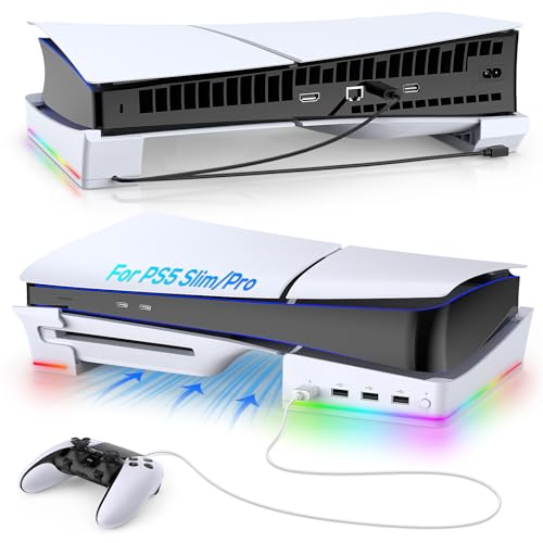 Soporte horizontal RGB para consola delgada PS5 con 4 concentradores USB, soporte para disco delgado Playstation 5 y digital, accesorios de soporte de base con 14 modos de iluminación y puerto de