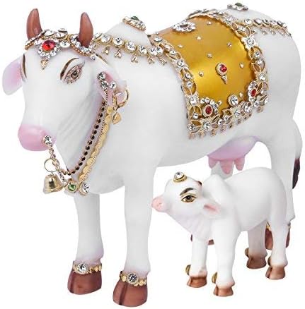 Marble Dust Kamdhenu Cow n Calf |Cow & Calf, White&Gold, 8.5 Inches, 1 Piece