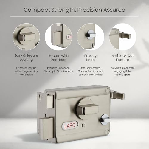 Image of LAPO Rim Lock, Compatible with Main & Safety Door, Dual Latch Max Pro, Dead Bolt Lock for Single, Sliding Doors,Heavy Duty Security Lock, 3 Keys,Matt Finish, 3 Years Warranty
