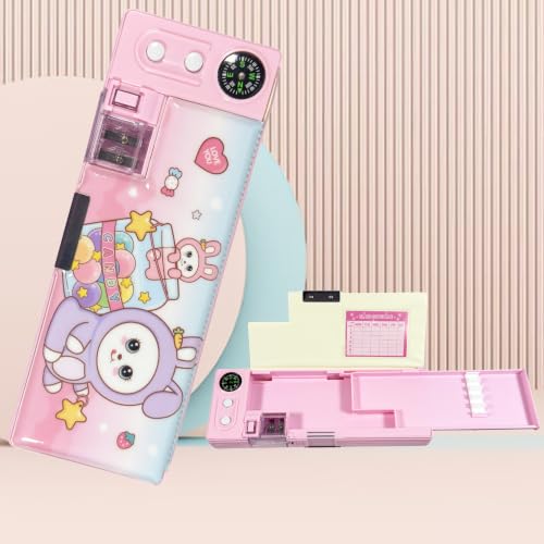 Image of ZAFCO Magnetic Pencil Box for Kids with Pop-Up Tray Built-in Compass Sharpener Spacious Storage Plastic Pencil Case for Boys Girls School Students- Pack of 1 (Pink)