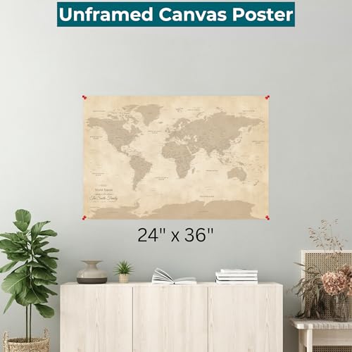 Image of Vintage Style World Travel Map Poster with Pins - Canvas Travel Tracker - Customized Map of the World - Large 24 inch x 36 inch