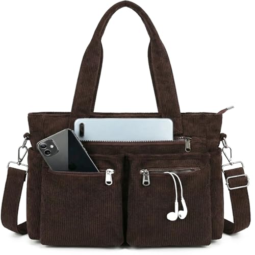 Image of Corduroy Tote Bag for Women with Pockets,Large Crossbody Purse for Laptop,Work,College,Everyday,Travel