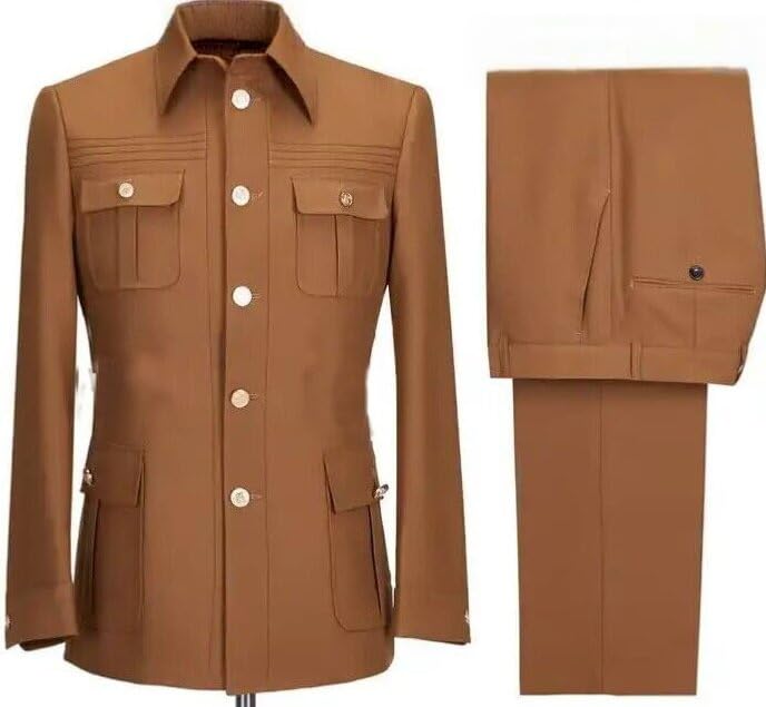 Vintage Style Cotton Twill Safari Jacket and Pants Set, Khaki Brown