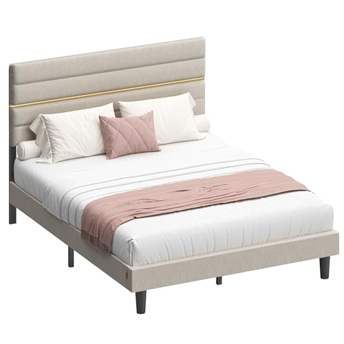 VASAGLE Polsterbett, Doppelbettgestell, Bettgestell, passend für 140 x 200 cm Matratze, verstellbares gepolstertes Kopfteil, Bettrahmen, Metall, Massivholz, modern, cappuccinobeige RMB504LH01