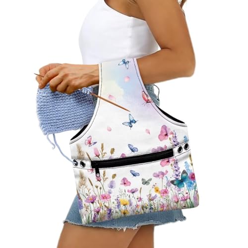 Image of ZUXONGSY Wildflower Yarn Storage Bag for Women Butterfly Knitting Project Bag Vintage Knit Wrist Bag Lightweight Crochet Organizers and Storage