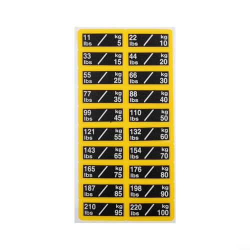 Axorafow Autocollants de poids pour équipement de fitness – Étiquettes numérotées en plastique PP de 4,5 kg à 45,4 kg, 5 kg à 100 kg, jaunes, compatibles avec les haltères (5-100 kg)