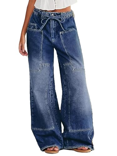 Flamingals Wide Leg Jeans for Women Drawsting Mid Waist Baggy Flamingals Wide Leg Jeans for Women Drawsting Mid Waist Baggy