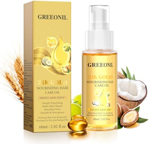 GREEONIL 24K Gold Argan, Coconut, and Olive Oil Serum for Frizz Control, Shine, and Split End Repair - Nourishing Hair Treatment with Vitamin E, 2.02 fl oz, 60ml