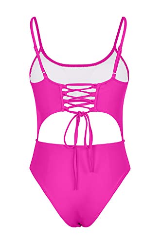 Meyeeka Women Hollow Out One Piece Athletic Bathing Suit Strappy High Waist Tummy Control Swimsuit Rosy thumb #5